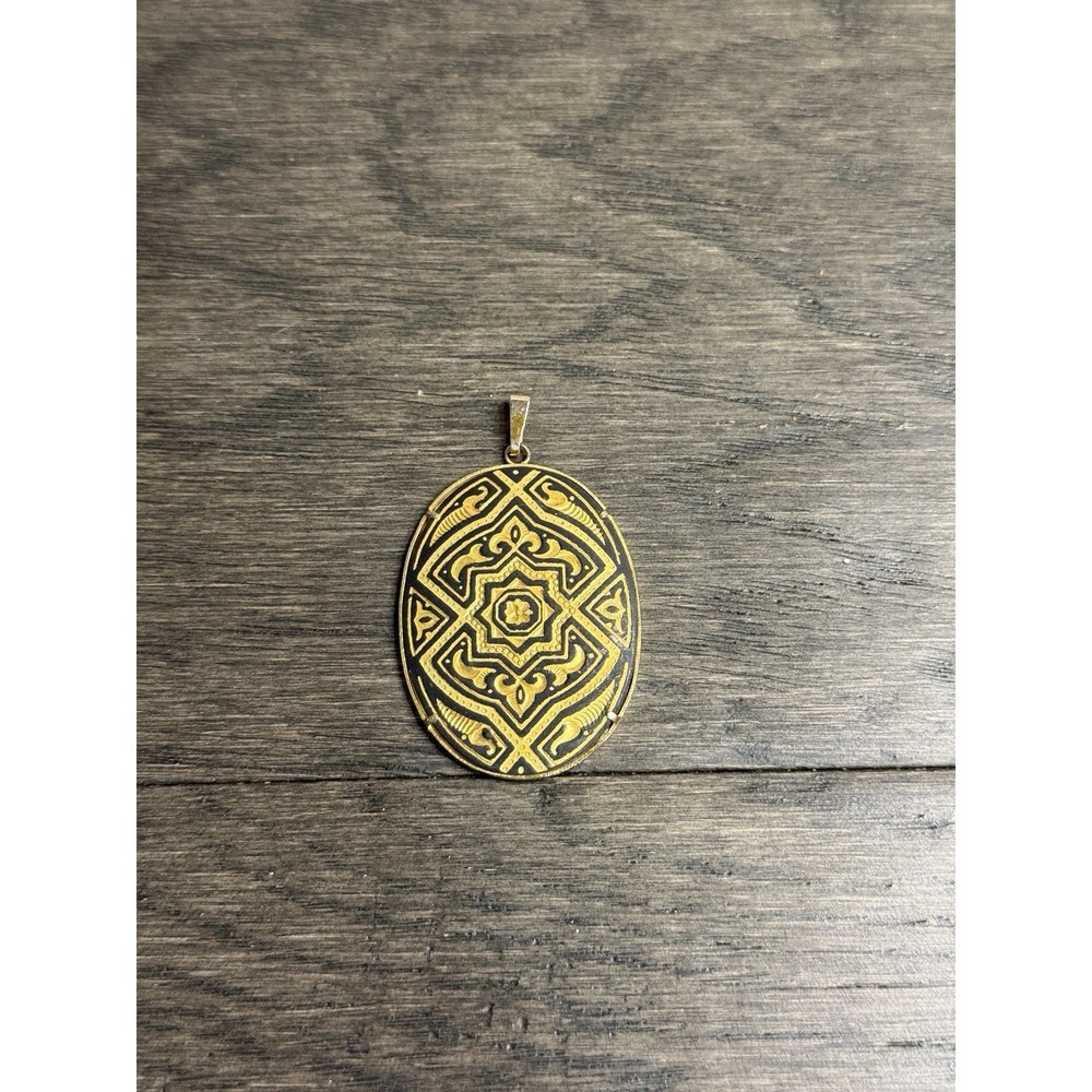 Damascene Goldtone Oval Pendant Geometric Design Spain Vintage